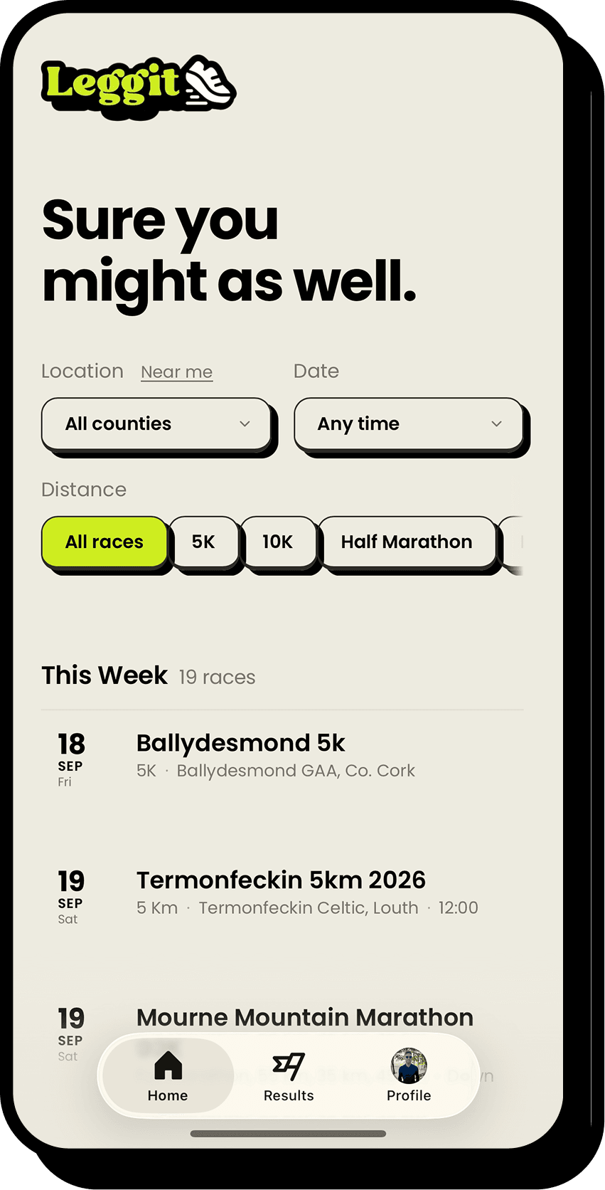 The Leggit app on an iPhone: this week's races, with filters for county, date and distance